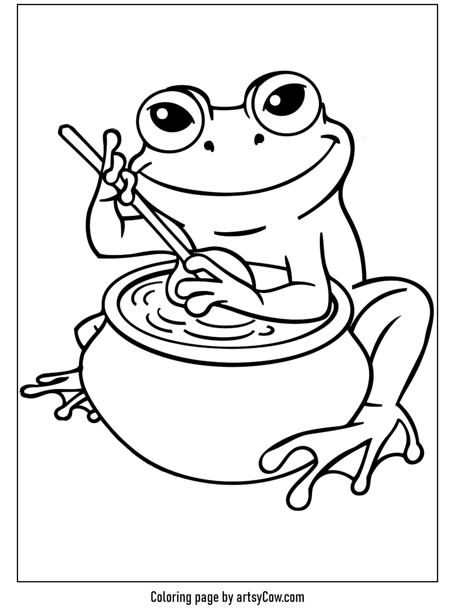 a frog stirring a potion in a cauldron